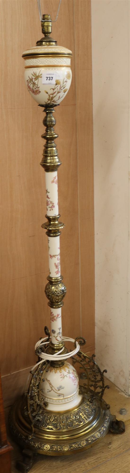 A Victorian cast brass and Royal Worcester lamp standard H.148cm